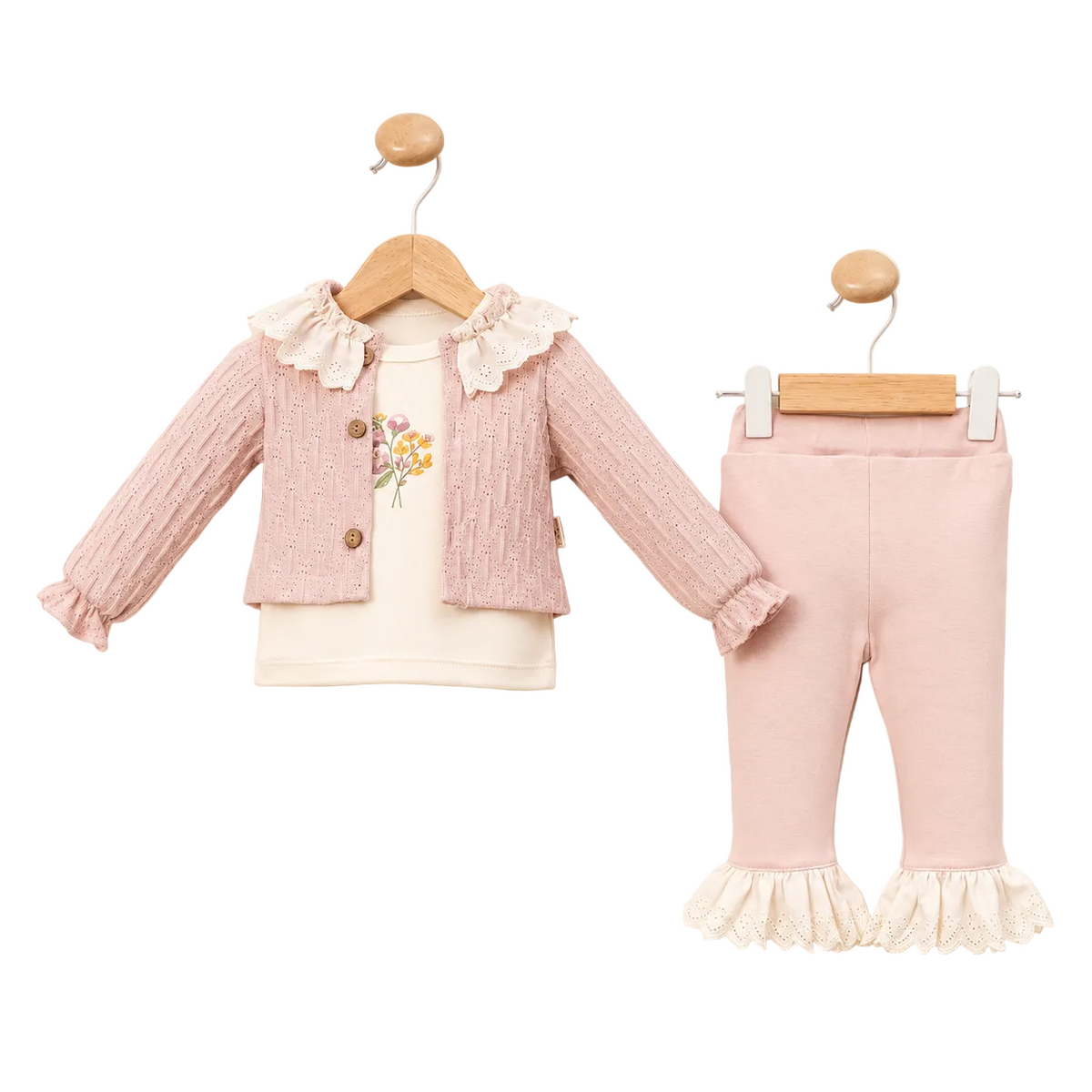 Ensemble bébé fille 3 pièces avec cardigan et col en dentelle