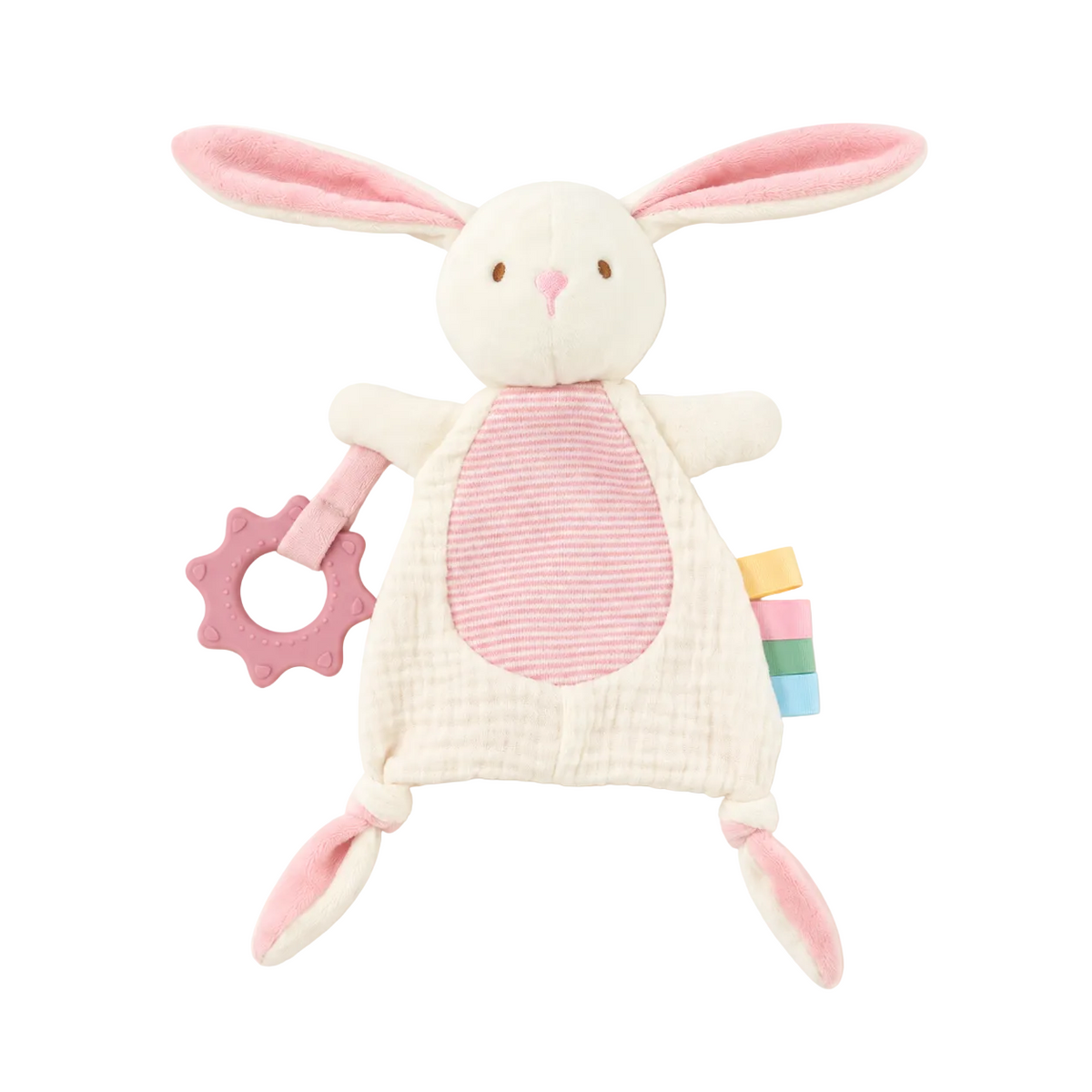 Doudou lapin sensoriel avec anneau de dentition – Rose