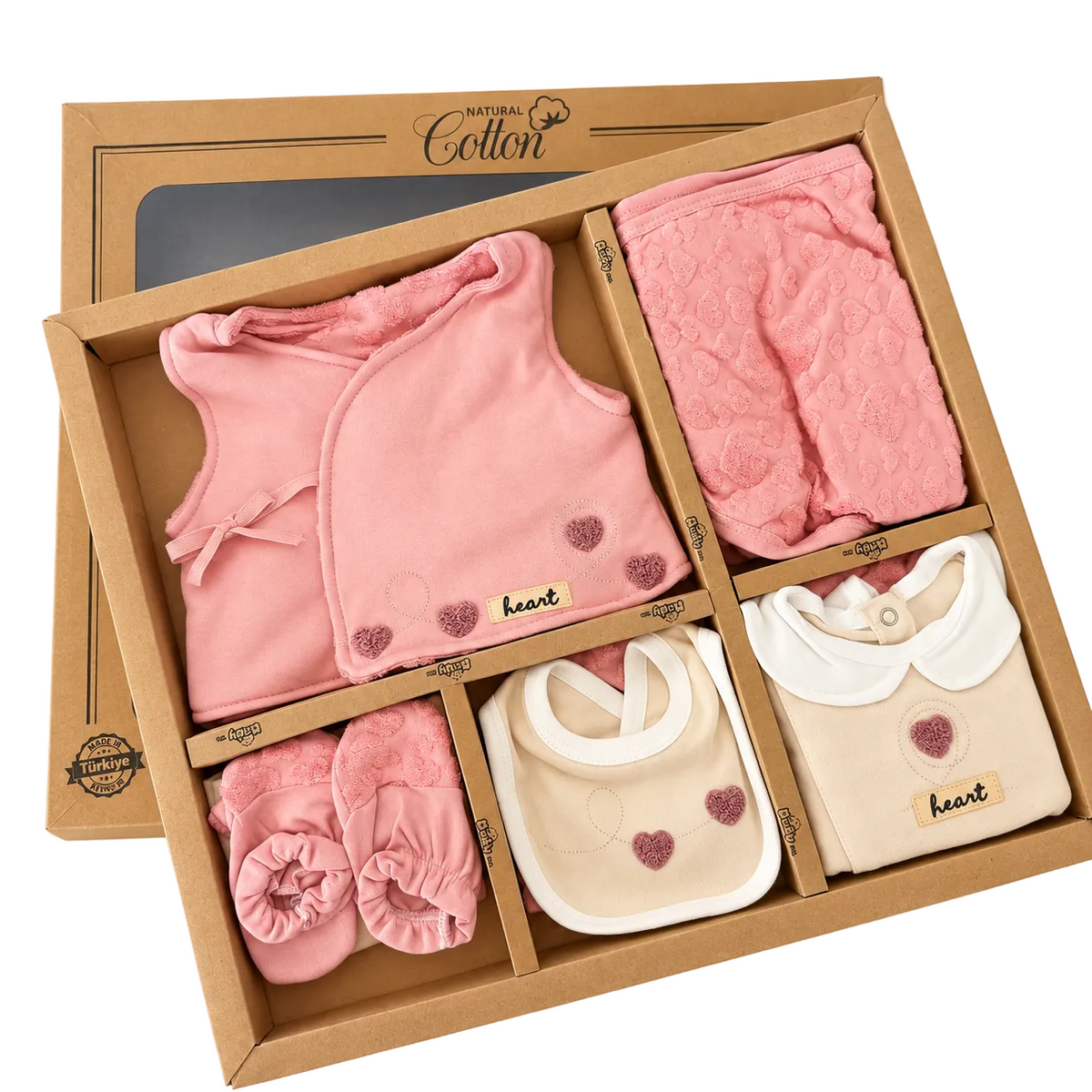 Set naissance 10 pièces BEBLY – cœur brodé rose