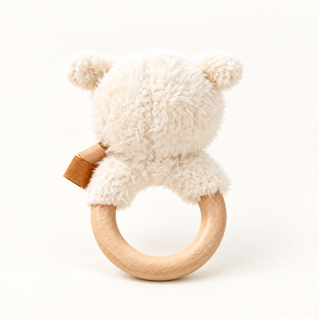 Hochet mouton en peluche avec anneau en bois