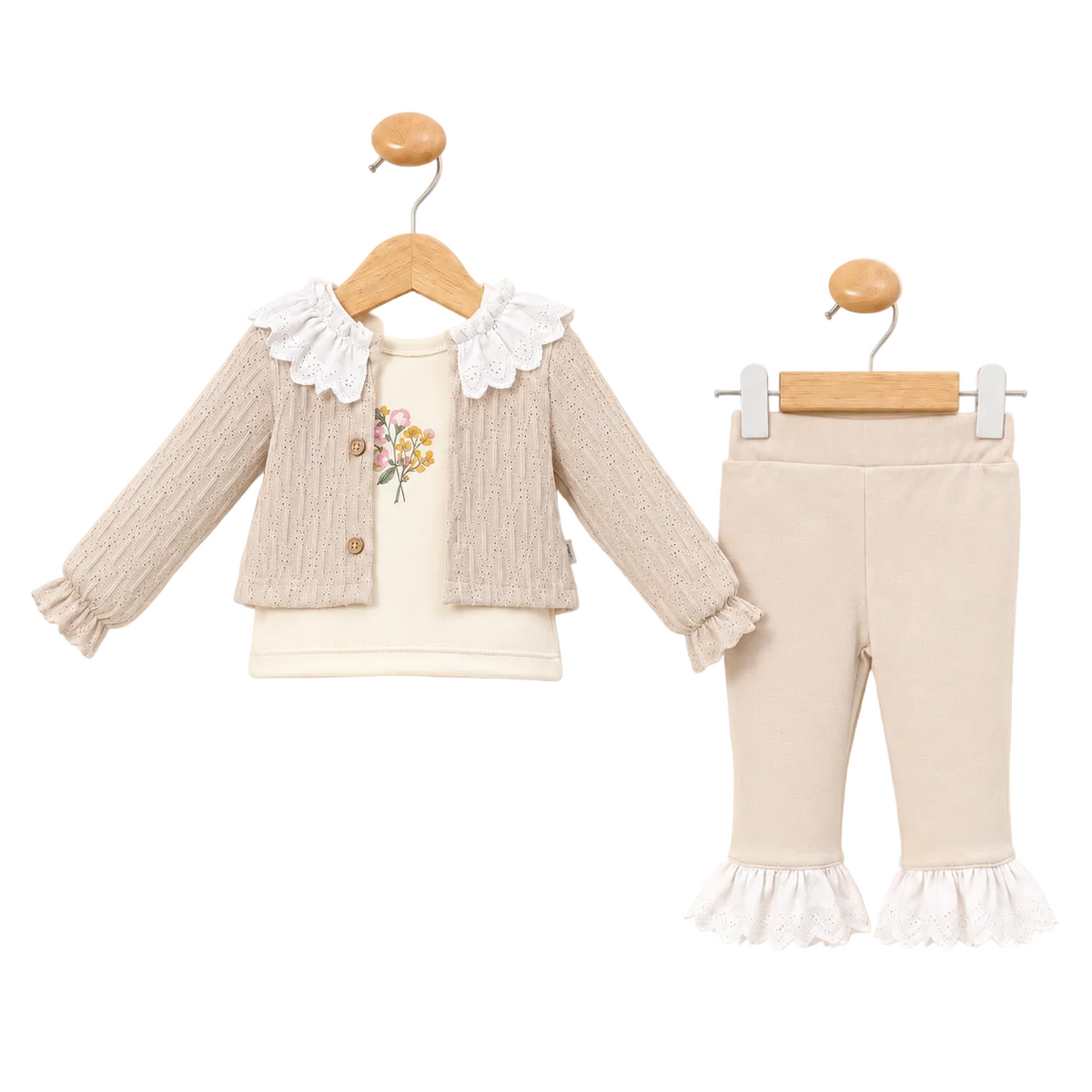 Ensemble bébé fille 3 pièces avec cardigan et col en dentelle