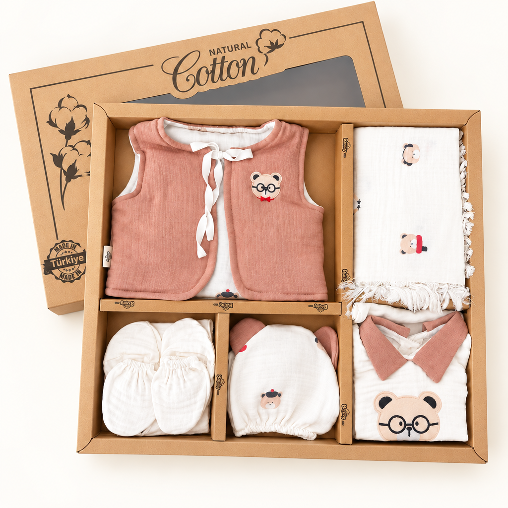 Set naissance 10 pièces BEBLY – ours / mousseline brun