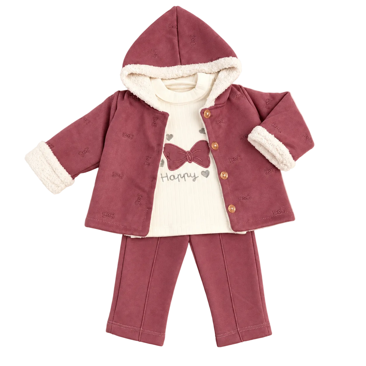 Ensemble bébé fille 3 pièces avec veste à capuche doublée – Bordeaux