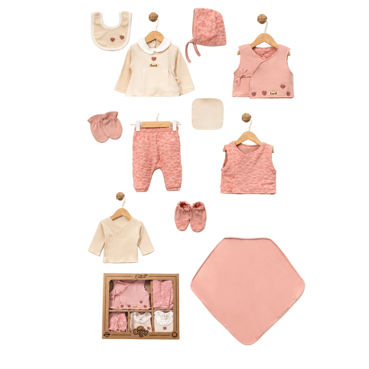 Set naissance 10 pièces BEBLY – cœur brodé rose
