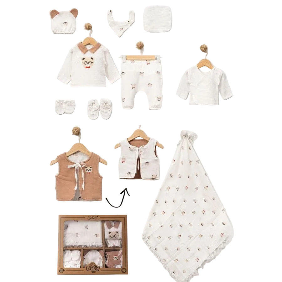 Set naissance 10 pièces BEBLY – ours / mousseline brun