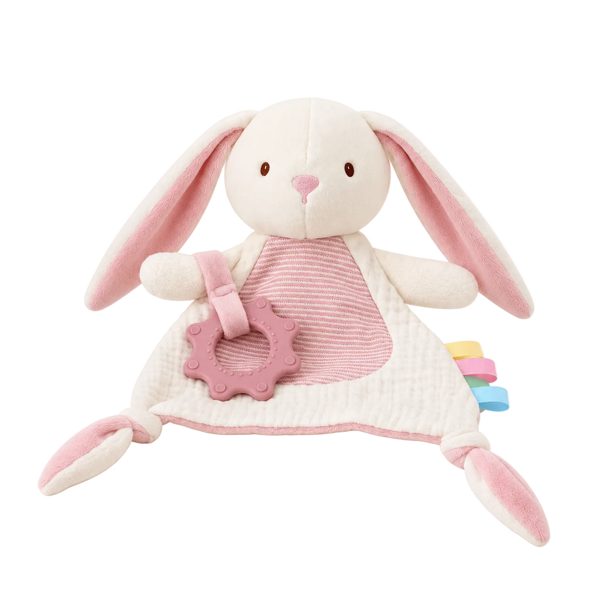 Doudou lapin sensoriel avec anneau de dentition – Rose