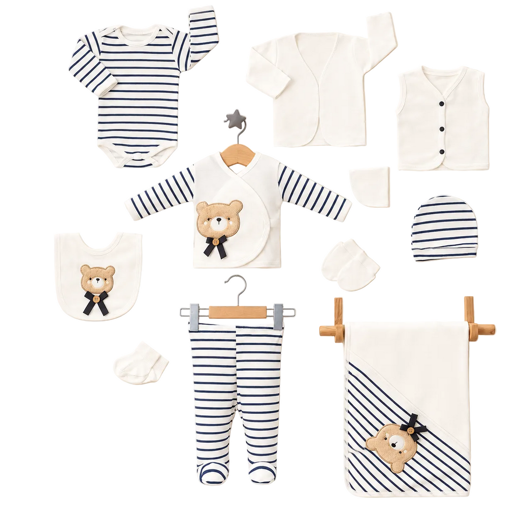 Set nascita Baby Zuhu – Orsetto a righe blu marino