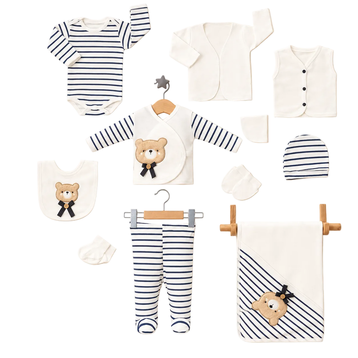 Coffret naissance 10 pièces Baby Zuhu – Ourson rayé bleu marine