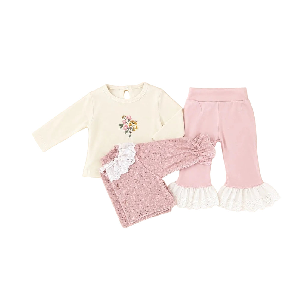 Ensemble bébé fille 3 pièces avec cardigan et col en dentelle