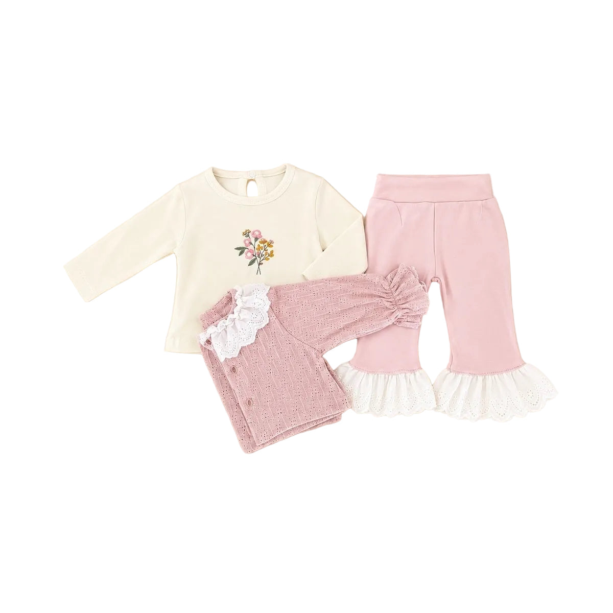 Ensemble bébé fille 3 pièces avec cardigan et col en dentelle