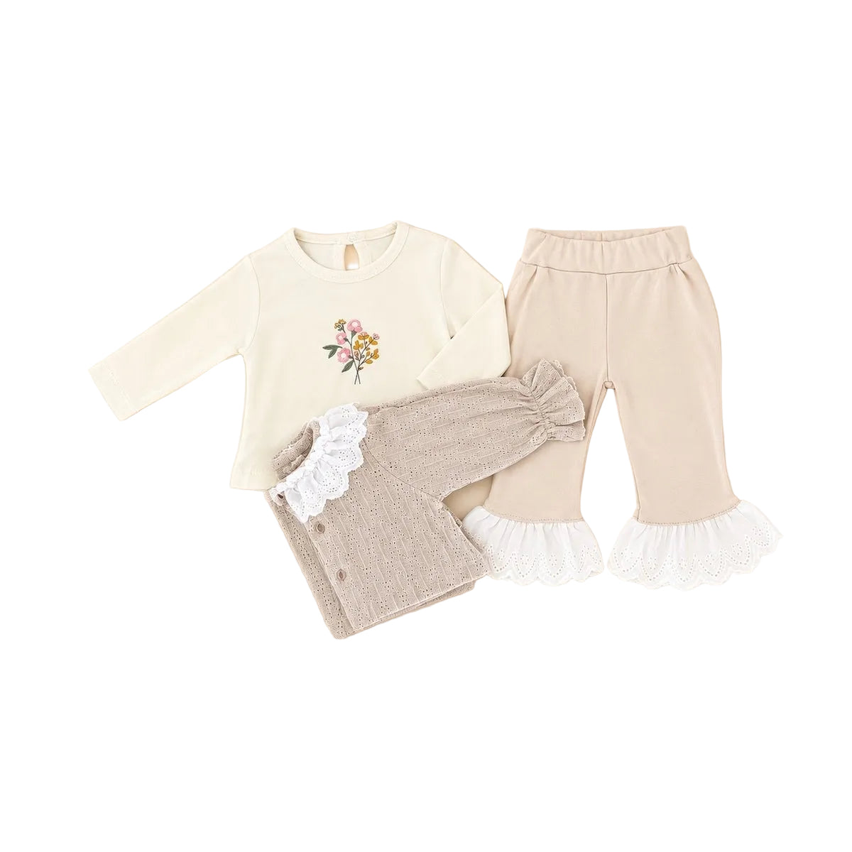 Ensemble bébé fille 3 pièces avec cardigan et col en dentelle
